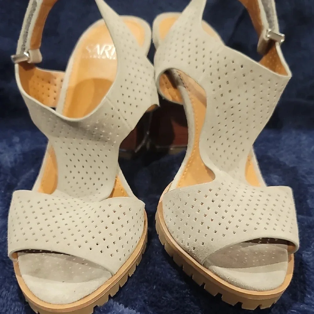 SARTO By Franco Sarto Grey Perforated Block Heel Sandals